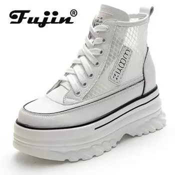 Fujin/кеды на танкетке на платформе 8 см, массивные летние женские ботильоны из натуральной кожи с сеткой, женские ботильоны, женская дышащая обувь 33 белый