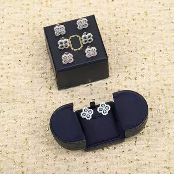 Full diamond loop stud earrings 925 sterling silver, colored diamond four-leaf clover earrings light luxury high sense 925 silver белый