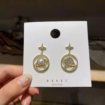 Full Diamond Pearl Saturn Earrings Temperament Long Personality Earrings Women