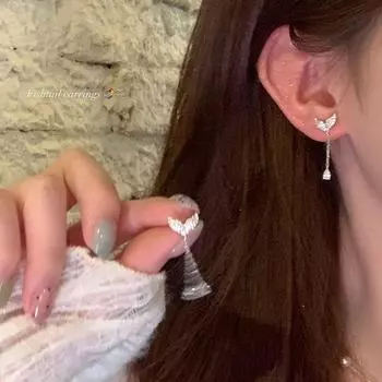 Full of Crystals Fishtail Earrings Suitable for round Face Water Drop Tassel Earrings Women Light Luxury High-Grade Earrings Elegant 925 silver needle-Mermaid drop earrings