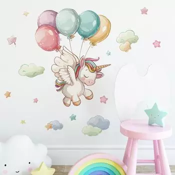 Fun-e69 Мультфильм Единорог Воздушный шар Облако Детская комната Фон Стены Ландшафтный Наклейка На Стену 40*60CM/fun-e69