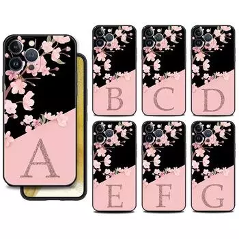 Funda Case For Apple iPhone 14 11 13 7 12 Pro 7 XR XS Max 8 Plus 6 14Pro Black Phone Coque Custom Cherry Blossom Flower Initial iPhone 14 Pro Max