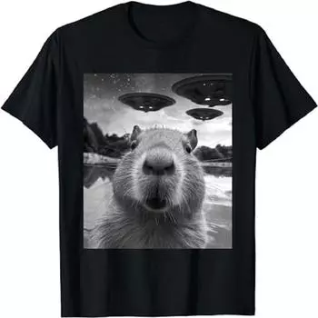 Funny Graphic Tee Capybara Selfie with UFOs Weird T-Shirt 80154 Unisex Top S