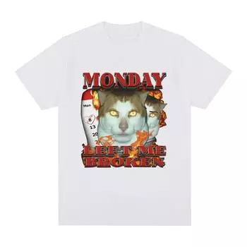 Funny Monday Left Me Broken Cat Meme Pattern T-shirt Style Casual Short Sleeve T-shirt Fashion Retro Oversized T-shirt S