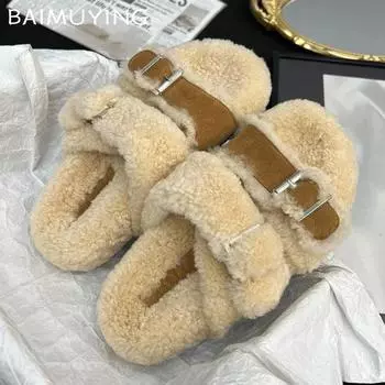 Fur Flats Platform Women Slippers Fashion Plush Cotton Shoes Winter 2024 Trend Designer Casual Thick Cozy Woman Zapatos De Mujer 35