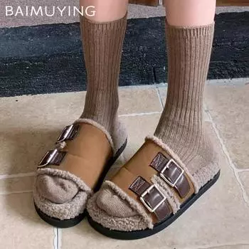 Fur Flats Women Slippers Suede Platform Designer Shoes Short Plush Cotton Casual Shoes 2024 Trend Winter Home Cozy Mujer Zapatos 35 хаки