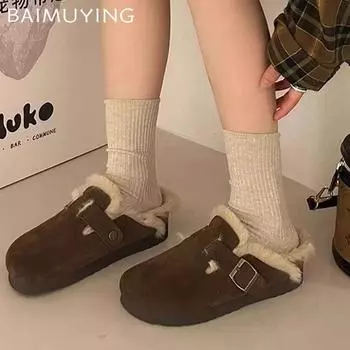 Fur Suede Women Flats Cotton Slippers Short Plush Designer Buckle Mules Shoes 2025 Trend Warm Cozy Winter Snow Botas De Mujer 35