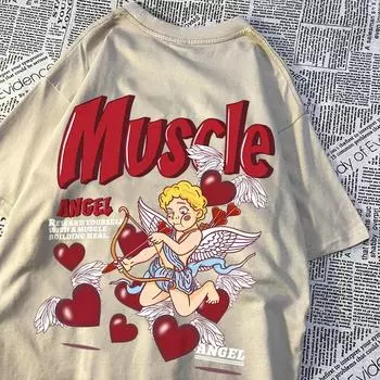 Футболка Angels Shoot Arrows At Love для мужчин и женщин, уличная футболка с круглым вырезом, хлопковая летняя футболка в стиле хип-хоп, свободная дышащая футболка для пары S бежевый