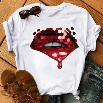Футболка Burst Sequin Lip Trend с коротким рукавом, симпатичная белая футболка с коротким рукавом, женская футболка Harajuku Harajuku большого размера, топы L