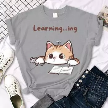 Футболка CSummer Lazy Studying Cat Creative 3D Prints для женщин, летние футболки с круглым вырезом, повседневная мягкая уличная одежда Y2K, универсальная, хип-хоп, короткий рукав S