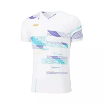 Футболка для бадминтона Li Ning Badminton Series с V-образным вырезом и принтом, удобная, дышащая, универсальная, с коротким рукавом, унисекс, топы стандартного белого цвета AAYV031-2 M