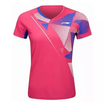 Футболка для бадминтона Li Ning Badminton Series с цветными блоками, V-образным вырезом, удобная, дышащая, с коротким рукавом, женские топы, ярко-розовый AAYU140-3 S