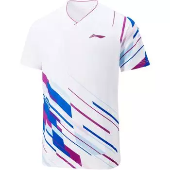 Футболка для бадминтона Li Ning с принтом и V-образным вырезом, удобная, дышащая, универсальная, с коротким рукавом, унисекс, топы, стандартный белый цвет AAYU225-2 XS