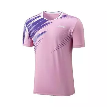 Футболка для бадминтона Li Ning с принтом и V-образным вырезом, удобная, дышащая, универсальная, повседневная, с коротким рукавом, унисекс, топы светло-голубого и фиолетового цвета AAYV025-4 M