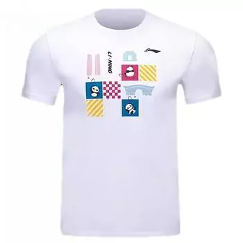 Футболка для бадминтона Li Ning с рисунком аниме и мультяшным принтом, с круглым вырезом, удобная, универсальная, дышащая, с коротким рукавом, унисекс, топы стандартного белого цвета AHSUA47-2 M
