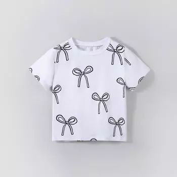 Футболка для девочек 2-7 лет, топы из хлопковой смеси, повседневные, с милым принтом банта, летние детские футболки с круглым вырезом и короткими рукавами 2Y