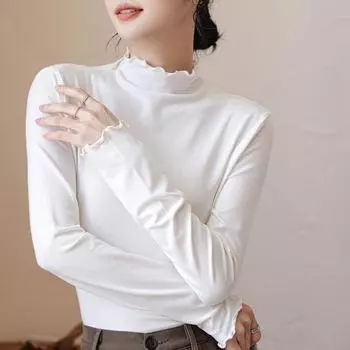 Футболка Fungus Edge Half High Neck Base для женщин, весна-осень, модал, облегающая, с длинным рукавом, женская футболка, топы, повседневные, элегантные, женские, белые футболки 25424 S белый