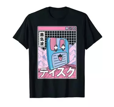 Футболка Happy Floppy Disc Digital в японском стиле Otaku Anime Vaporwave чёрный