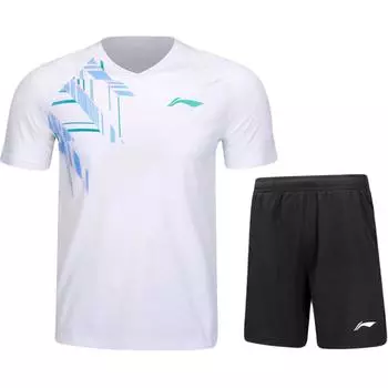 Футболка и шорты из серии Li Ning Badminton, быстросохнущая, дышащая, с логотипом, V-образным вырезом, коротким рукавом, повседневный спортивный комплект для мужчин, спортивный комплект AATU029-2 XL
