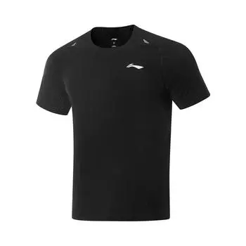 Футболка Li Ning Running Series с круглым вырезом и логотипом, облегающая, быстросохнущая, дышащая, с коротким рукавом, мужская, черная ATSV005-1 S