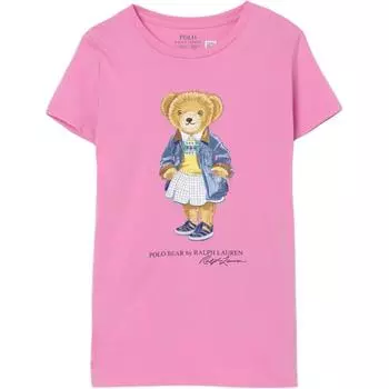 Футболка Polo Ralph Lauren с логотипом, рисунком медведя, круглым вырезом, коротким рукавом, детские топы, розовая 313965154-001 L