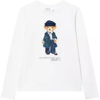 Футболка Polo Ralph Lauren с принтом в виде медведя из мультфильма и букв, с круглым вырезом, с длинным рукавом, детская, белая 313952134-001 XL