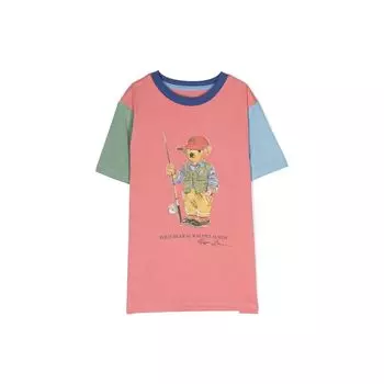Футболка Polo Ralph Lauren SS23 с цветным блоком и принтом плюшевого мишки, детские топы с коротким рукавом, кораллово-розового цвета 323905258-001 L