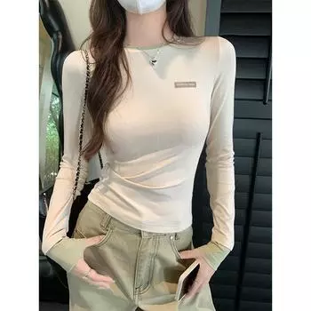 Футболка Pure desire из двух частей с длинными рукавами, подходящая по цвету, для женщин, осенняя, эластичная, облегающая, с внутренним слоем, верхняя часть рубашки S
