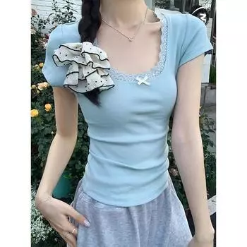 Футболка Pure Desire Lace Square Neck Short Sleeve с короткими рукавами для женщин 2024 Лето Новый обтягивающий топ с низким вырезом в балетном стиле с широкими плечами S