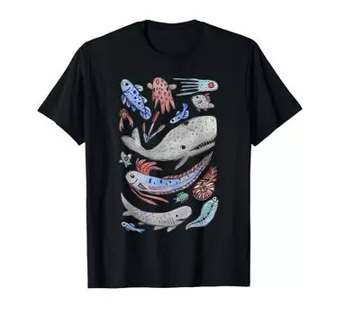 Футболка с акварельной живописью Deep Sea Sea Creatures All Fish Whale Shark чёрный