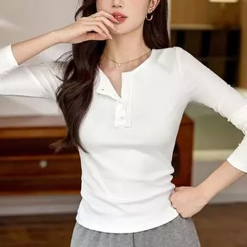 Футболка с длинным рукавом Chic Design Sense Button, женская, новая, осенне-зимняя, с полуоткрытым воротником, из чистого хлопка S
