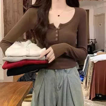 Футболка с длинным рукавом Pure Desire Hot Girl, женская, шикарная, с пуговицами и полуоткрытым воротником, короткая, облегающая, топ на осень S