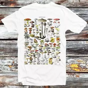 Футболка с грибами, 230 г/м, 100% хлопок, шампиньоны, антикварная, ботаническая, ретро, винтажная, Larousse Adolphe Millot, волшебный рисунок, французский топ, футболка B34 XXS белый