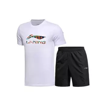 Футболка с коротким рукавом и принтом букв Li Ning Sports Lifestyle Series, прямые шорты, повседневный спортивный комплект, мужские комплекты белого и черного цветов YHST175-2+YKST061-1 XXXL