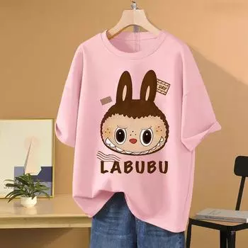 Футболка с принтом аниме LABUBU для пар, студентов, уличных видов спорта, повседневная футболка для девочек, летняя забавная одежда S