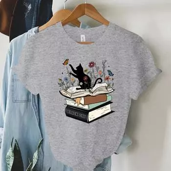 Футболка с принтом «Кот и книга», женская футболка с цветочным принтом и полевым цветком, летние футболки с короткими рукавами, женские топы для книголюбов, литература S серый