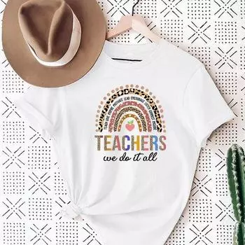 Футболка с принтом радуги Teach Love в стиле Харадзюку, высококачественная летняя женская базовая рубашка с коротким рукавом и воротником, модная повседневная одежда S