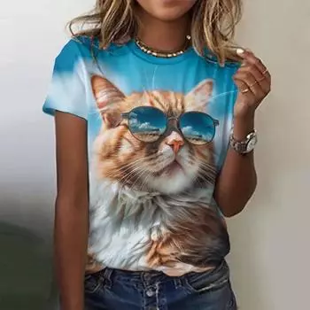 Футболка с принтом Summer Cool Cat 3D, уличная одежда, повседневная мода, футболка с короткими рукавами, футболка с круглым вырезом S
