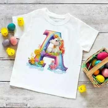Футболка с принтом Unicorn Rainbow Initial AZ для детей, летняя футболка для мальчиков и девочек, топы с коротким рукавом, милая одежда для малышей, футболка 100