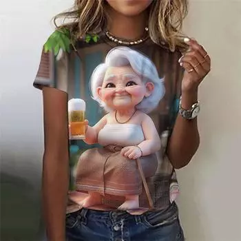 Футболка с рисунком бабушки из мультфильма с 3D-принтом для женщин, красочные модные футболки с графическим принтом, летние повседневные футболки с круглым вырезом и короткими рукавами XXS