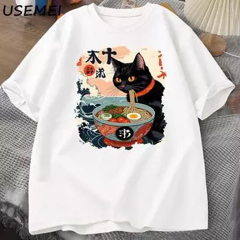 Футболка с рисунком кота Kawaii, японская футболка с забавным рисунком Ramen, футболка с котом Kawaii, мужская футболка с коротким рукавом Harajuku, одежда XS