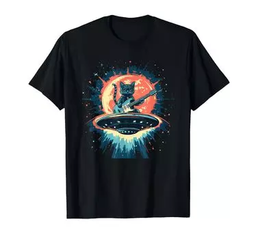Футболка UFO Beams Rockstar Cat Ultimate Rock and Space Fun чёрный
