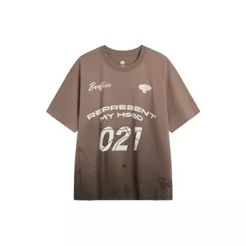 Футболка унисекс с капюшоном Li Ning Bad Five Seven City Collaboration, свободная, с коротким рукавом, с принтом букв и цифр, грибно-коричневая, AHST925-2 M