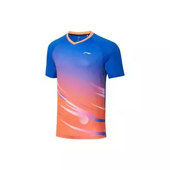 Футболка унисекс с коротким рукавом и V-образным вырезом с логотипом Li Ning, быстросохнущая, ярко-синяя, флуоресцентно-оранжевая AAYT031-2 XL