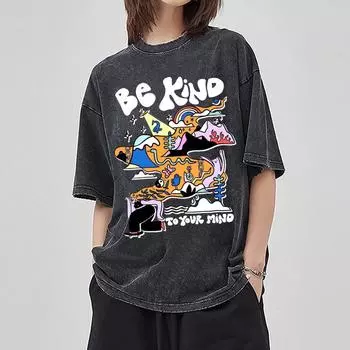 Футболка женская с принтом BE KIND в стиле кампус, повседневный стиль, топ для пары, высококачественный имитация денима, круглый вырез горловины S