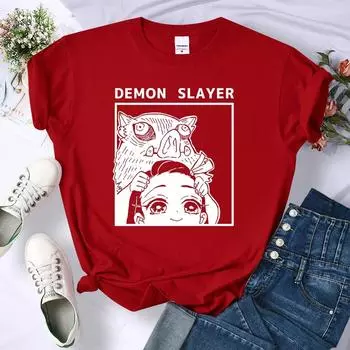 Футболки Demon Slayer Kamado Nezuko и Hashibira Inosuke для женщин, свободная новая одежда, футболка Harajuku Street, индивидуальная футболка с круглым вырезом S