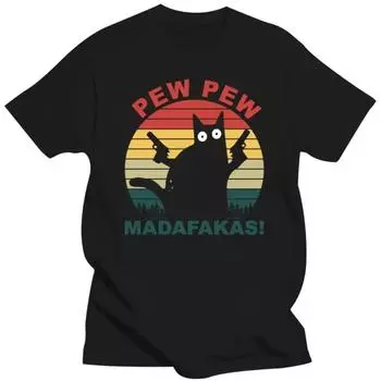 Футболки Humor Pew Pew Madafakas для мужчин с короткими рукавами и принтом, уникальная черная футболка с забавным котом, облегающие хлопковые футболки большого размера S