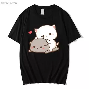 Футболки Peach Cat Goma и Mochi, 100% хлопок, летняя рубашка Kawaii, симпатичный принт, женская одежда, футболка, футболки с графикой Harajuku S