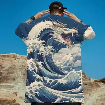 Футболки с акулами для мужчин с принтом 3d Ukiyo-E Fierce Beast Мужская одежда Уличные футболки Harajuku Повседневные футболки с короткими рукавами большого размера S