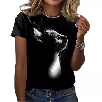 Футболки с принтом 3D Cute Cats для женщин, летняя мода, уличный круглый вырез, короткий рукав, для девочек, красивая классная футболка, женская одежда S